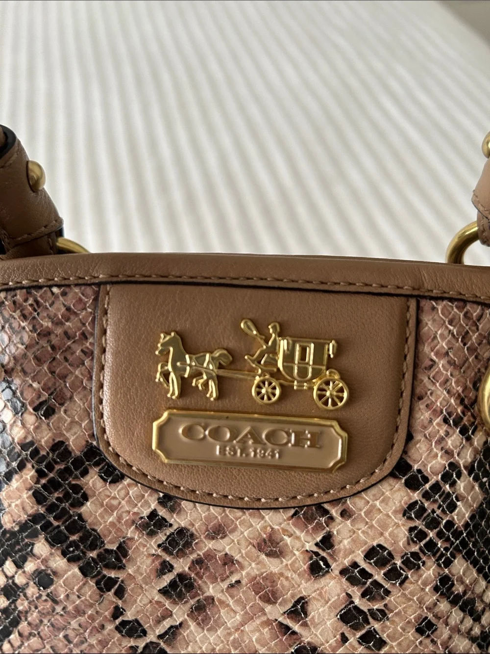 Coach Pink Snake-Print Satchel with Tan Trim - Picture 4 of 12